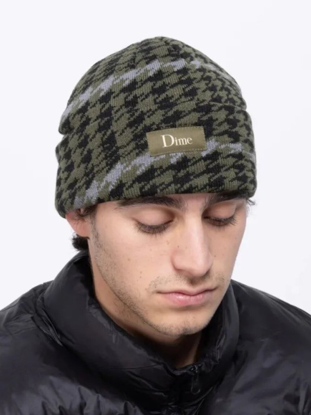 DIME 'Wavetooth' Knit Houndstooth Cuffed Army Green Black Beanie OS